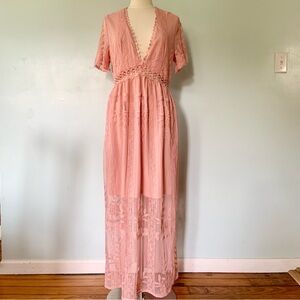 NWOT Lace Boho Sheer Overlay Plunge Neck Maxi Dress